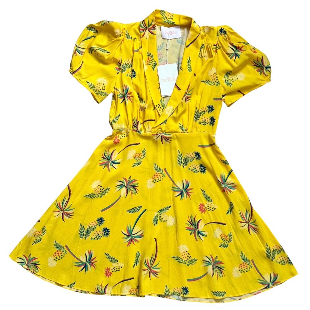 NWT Selkie Birdy Dress Yellow Pina Colada Print Size S Tropical Puff Sleeve Mini
